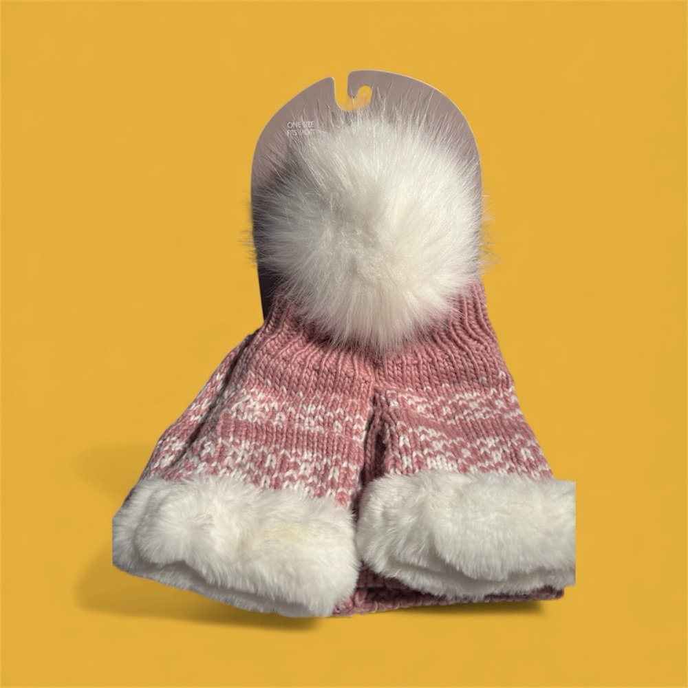 Cozy Pink and White Adult or Teens  Beanie and Half Mitten